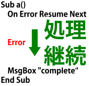 On Error Resume Next の記述で処理を継続出来る。