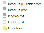 folder10 の中にあるファイル、フォルダ。読み取り専用（ReadOnly）、隠しファイル（Hidden）、標準（Normal）、フォルダ（Directory）